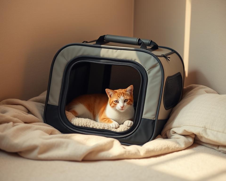 Collapsible cat carrier nestled in a cozy, minimalist setting. Sleek, modern design with durable mesh panels and reinforced structure. Folded compactly, showcasing its space-saving capability. Warm, diffused lighting illuminates the soft fabrics and neutral tones, creating a serene, inviting atmosphere. Photographed at a slight angle to highlight the carrier's versatile form and portability. Subtle shadows and reflections add depth and dimension to the composition.