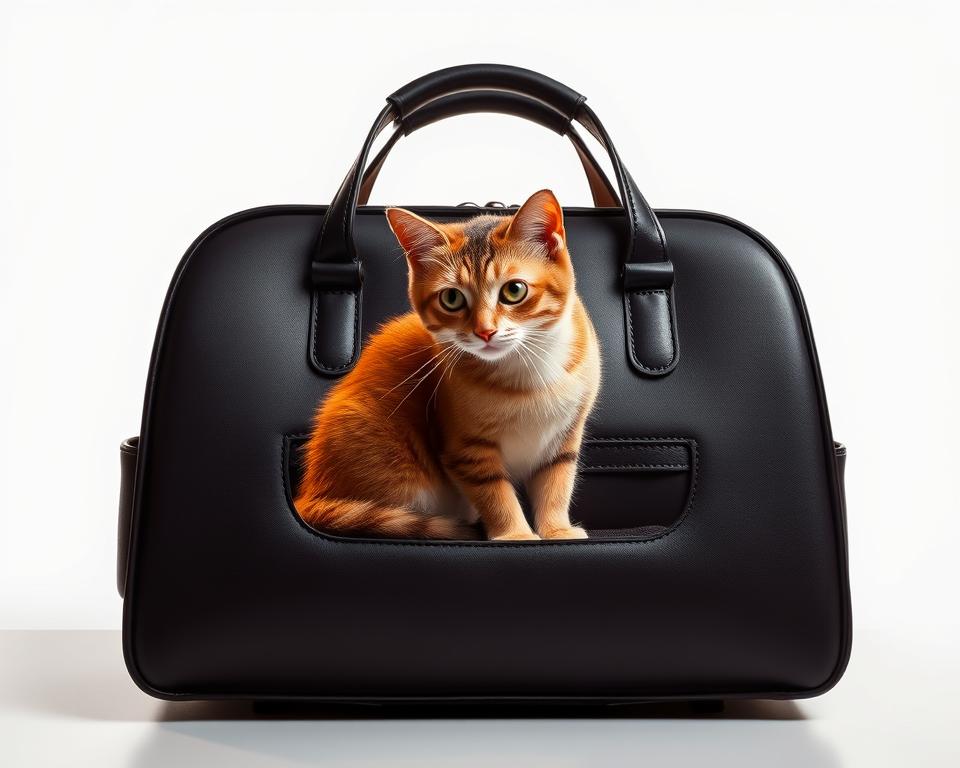 Elegant and sophisticated luxury cat carriers, crafted with premium materials and impeccable attention to detail. A sleek, modern design with a polished exterior, plush interior lining, and discreet ventilation panels. Soft leather handles and reinforced side panels offer comfortable, secure transportation for your feline companion. Sophisticated lighting casts a warm, inviting glow, highlighting the carriers' premium features. Shot against a minimalist, high-key backdrop that emphasizes the carriers' luxurious aesthetic. Capturing the essence of stylish pet travel for the discerning cat owner.