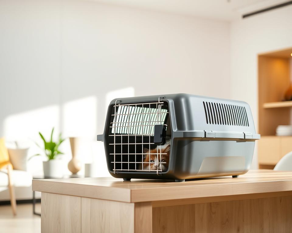 Feline travel carrier in a well-lit, modern interior setting. A sturdy, charcoal-gray pet carrier with a sleek, minimalist design sits prominently in the foreground, its metal frame and tempered glass door reflecting the soft, ambient lighting. The carrier is positioned on a neutral-colored wooden table, complemented by a potted plant and a few decorative objects in the middle ground. The background features clean, white walls and subtle, warm-toned accents, creating a sense of tranquility and comfort. The overall composition conveys a sense of elegance and practicality, suitable for safe and stylish feline travel.