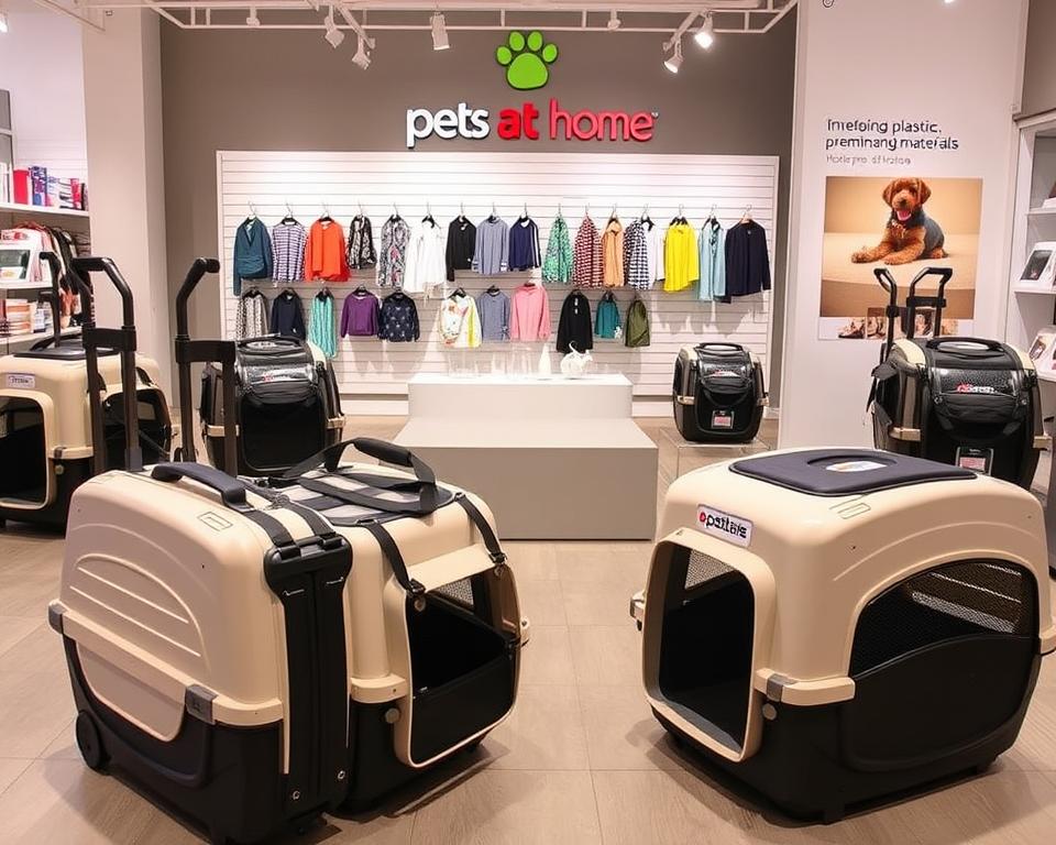 Innovative pet travel carriers at Pets at Home, showcased in a modern, well-lit showroom. In the foreground, sleek and versatile carriers with integrated wheels and adjustable straps, designed for effortless transport. In the middle ground, a variety of stylish carriers in vibrant colors and patterns, catering to pets' unique personalities. In the background, a minimalist display highlighting the carriers' durability and premium materials, such as reinforced plastic and breathable mesh panels. The scene radiates a sense of quality, convenience, and care for the well-being of pets on the move.