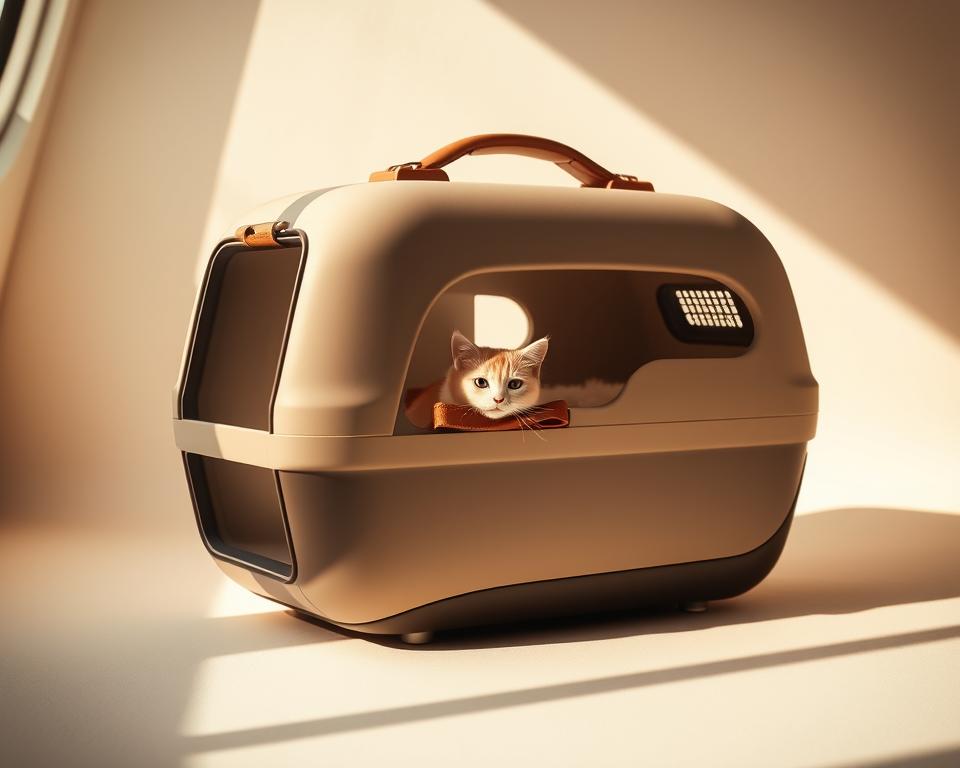 Sleek and practical airline-approved cat carriers, designed for the discerning UK traveller. A spacious yet compact carrier in a neutral tone, accented with premium leather details and reinforced for durability. Soft, plush bedding fills the interior, providing a cozy sanctuary for your feline companion. Discreet ventilation panels and a secure, easy-access door allow for comfortable in-flight transport. The carrier is positioned in a well-lit, minimalist setting, showcasing its modern, streamlined aesthetic. Subtle shadows and a warm, natural lighting scheme create an inviting, premium atmosphere. The overall composition emphasizes the carrier's functionality and style, catering to the needs of the conscientious cat owner.