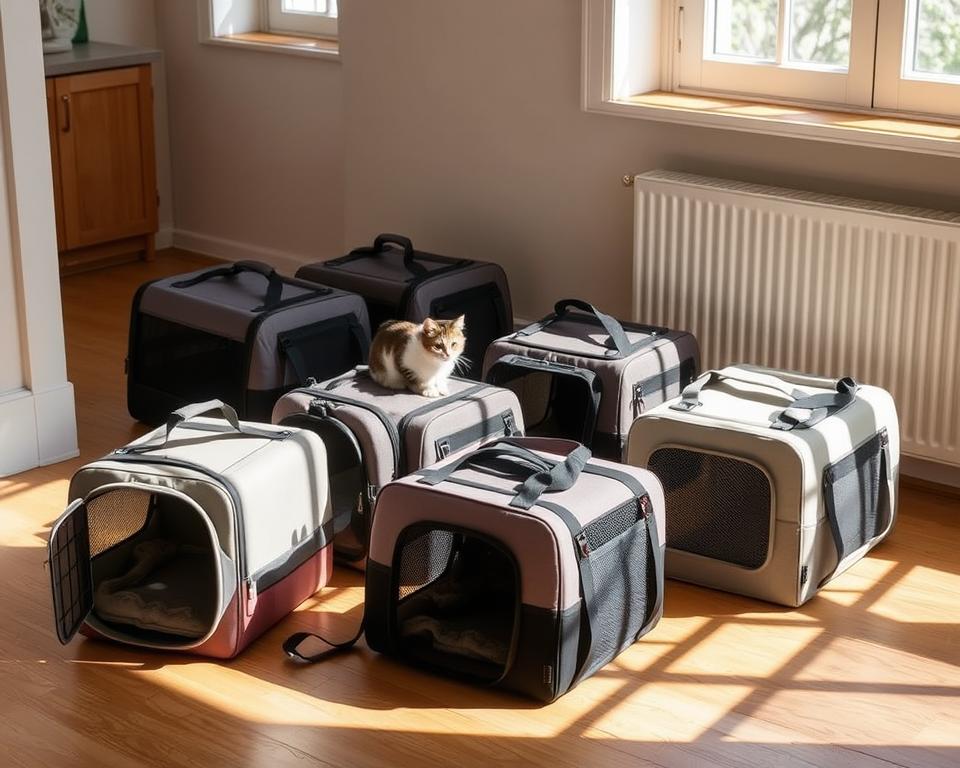 Soft-sided cat carriers Argos, sitting in a cozy, well-lit home interior. A selection of carriers in various muted colors and patterns are neatly arranged on a wooden floor, their plush fabrics and sturdy designs inviting. Gentle shadows cast by natural lighting from nearby windows create a serene, calming atmosphere. The carriers are positioned to showcase their practical features, such as mesh panels for ventilation and adjustable straps for comfortable transport. The scene conveys a sense of reliability, comfort, and care for our feline companions.
