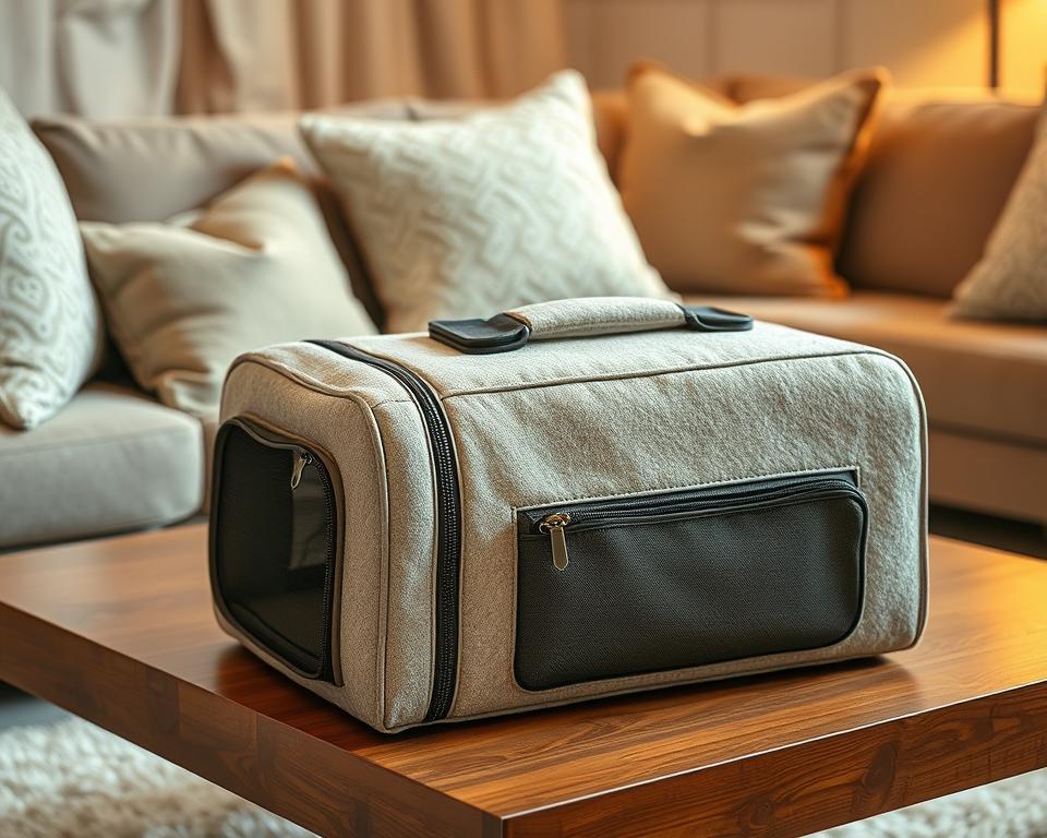 Soft-sided cat carriers in a cozy, inviting living room setting. A plush, neutral-toned carrier rests on a wooden coffee table, surrounded by plush pillows and a fluffy rug. Warm, gentle lighting illuminates the scene, casting a soothing glow. The carrier's fabric is lightly textured, offering a tactile, comforting experience. Subtle details like metal zippers and reinforced handles suggest durability and functionality. The overall atmosphere conveys a sense of comfort and ease, ideal for a beloved feline companion's everyday transport.