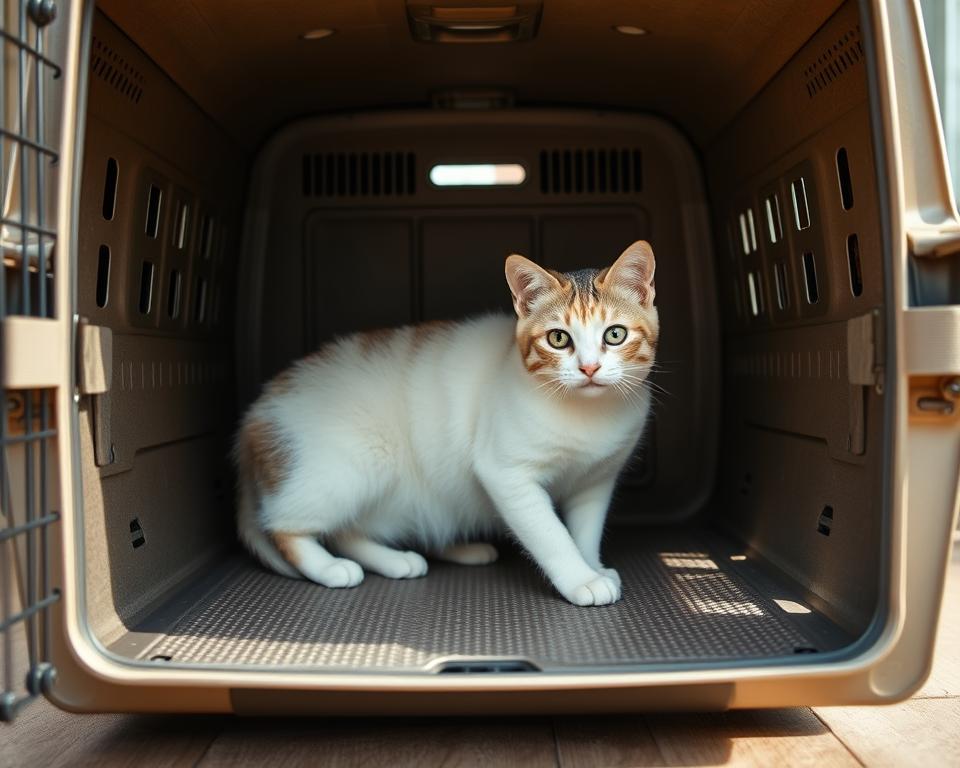 Sturdy cat carriers, crafted with thick, durable materials to safely transport large feline companions. A wide, spacious interior provides ample room for sprawling, with reinforced walls and a secure, lockable door. Minimal vents allow for airflow while keeping curious paws inside. Textured, non-slip surfaces line the base, preventing slips and slides. Sturdy, recessed handles on the sides and top enable comfortable, balanced carrying. A neutral-toned, utilitarian design blends seamlessly into any home decor. Soft, diffused natural lighting illuminates the scene, emphasizing the carriers' robust, reliable construction. Captured from a frontal, eye-level perspective to showcase the carriers' protective, functional features.