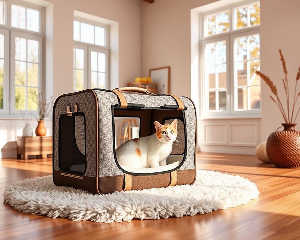 a comfortable and cozy fabric pet carrier for cats, designed by Me & My Pets, placed in a bright and airy room with natural lighting streaming through large windows. The carrier is positioned on a plush area rug, with a solid hardwood floor and a minimalist, Scandinavian-inspired decor in the background. The carrier features a soft, plush interior, a sturdy metal frame, and breathable mesh panels to ensure your cat's comfort and safety. Warm, earthy tones and soft textures create a welcoming, inviting atmosphere, perfectly capturing the affordable luxury and practicality of this feline-friendly travel accessory.