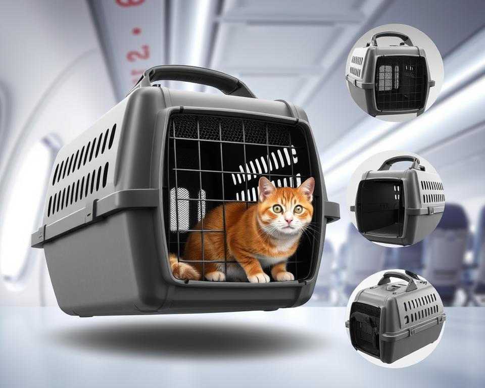 a highly detailed, realistic digital illustration of an airline approved cat carrier, shown from multiple angles and perspectives. The carrier is made of durable, lightweight materials like mesh and hard plastic, with ventilation panels, a secure latch, and a comfortable padded interior. It has an ergonomic carrying handle and straps for easy transport. The carrier is depicted in a well-lit, clean, and modern setting, perhaps an airport terminal or airplane cabin, to convey its suitability for air travel. The scene evokes a sense of safety, convenience, and care for the cat's comfort and wellbeing during the journey.