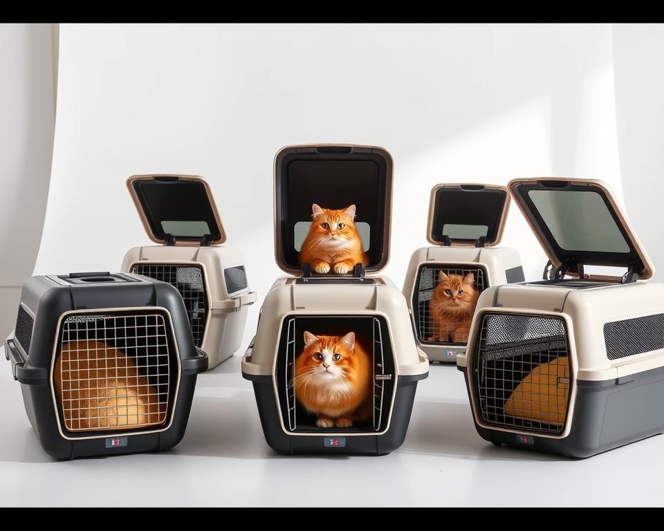 premium high-end top-opening cat carriers in a modern and elegant studio setting, showcasing five different models in a row from various angles, with soft natural lighting and a clean white backdrop, capturing the sleek design, durable construction, and premium materials such as sturdy plastic, stainless steel, and breathable mesh, highlighting the thoughtful features that make these carriers ideal for secure and comfortable pet transportation