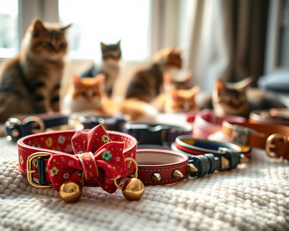 A beautifully arranged display of various cat collars suitable for UK pet owners, featuring a mix of styles such as floral patterns, bright colors, and classic designs. In the foreground, showcase a vibrant red collar with a charming bow and gold bell, alongside a stylish leather collar with metal spikes. The middle ground features a selection of collars in various sizes, neatly laid out on a soft, textured blanket, hinting at comfort and quality. In the background, blurred images of playful cats can be seen, evoking a sense of joy and companionship. The lighting is warm and inviting, with soft natural light filtering through a nearby window, creating a cozy atmosphere. The overall mood is cheerful and appealing, perfectly encapsulating the love pet owners have for their cats.