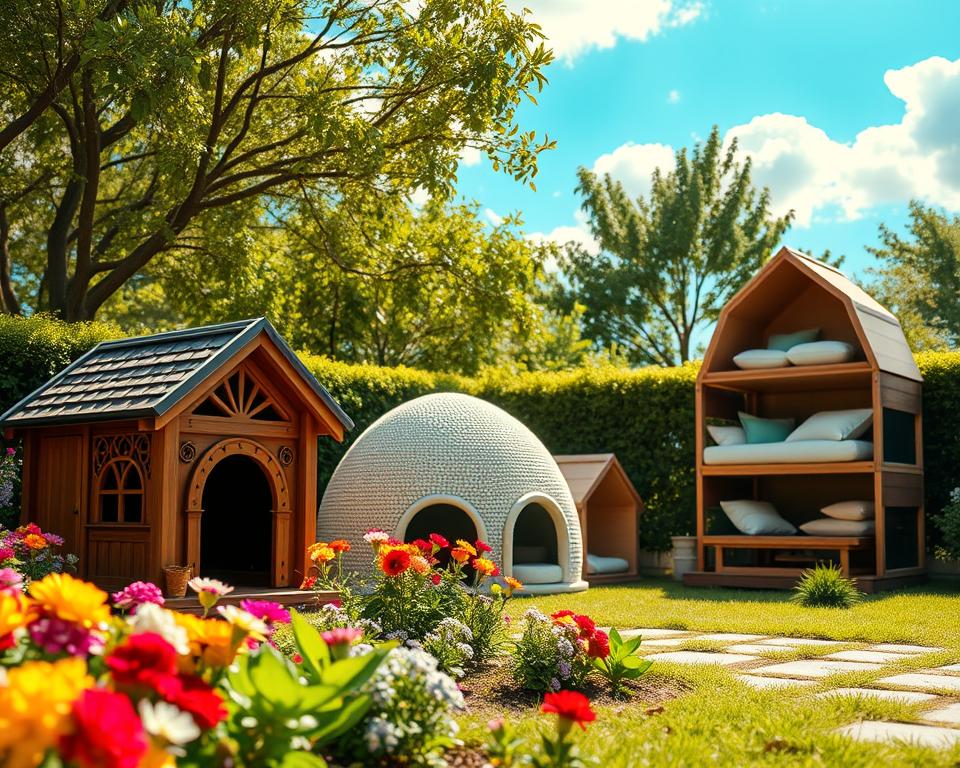 A beautifully arranged outdoor display featuring a premium collection of elegant cat houses nestled in a lush garden. In the foreground, focus on three distinct cat houses with varying designs: a cozy wooden cottage with intricate carvings, a modern, eco-friendly igloo, and a chic raised platform house with soft cushions. The middle ground shows vibrant flowers and playful greenery, enhancing the inviting atmosphere. In the background, a serene blue sky with soft, fluffy clouds filters warm sunlight through the trees, creating dappled lighting across the scene. Capture this tranquil moment from a slightly elevated angle, emphasizing depth and dimension while ensuring a bright, cheerful mood that evokes comfort and happiness for feline companions.