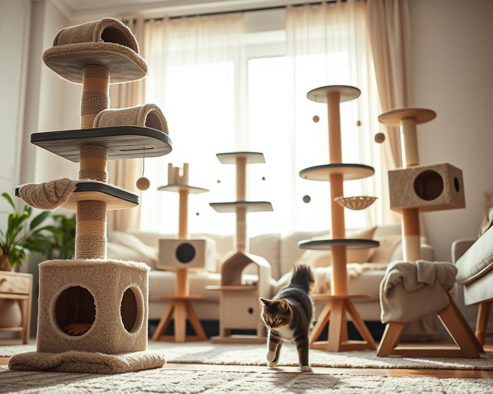 A beautifully arranged scene featuring a variety of Yaheetech cat trees in a cozy living room setting. In the foreground, showcase a plush cat tree with multiple levels, scratching posts, and playful hanging toys, all designed for functionality and feline enjoyment. In the middle, have a curious cat exploring the tree, capturing the essence of playfulness and comfort. In the background, soft natural light filters through a window, illuminating a warm, inviting space with soft, earth-toned decor. This serene atmosphere evokes a sense of well-being for both cats and their owners. The angle should be slightly elevated to capture the height of the cat tree and the playful interaction between the cat and its environment. Aim for a warm, friendly, and peaceful mood throughout the image.