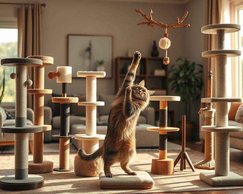 A beautifully arranged scene showcasing premium scratching post options designed for large cats. In the foreground, a variety of elegant scratching posts with natural sisal covering, soft plush platforms, and sturdy bases, displayed in differing heights and styles. Each post stands tall, adorned with cat toys hanging from natural wood branches. In the middle, a large Maine Coon cat stretches and claws at one of the scratching posts, showcasing its strength and elegance. The background features a cozy living space with warm, natural lighting streaming through a window, casting gentle shadows. The overall atmosphere is inviting and homey, emphasizing the importance of keeping large cats active and engaged in a comfortable environment. The image is captured with a soft focus lens, adding a touch of warmth and clarity. A beautifully arranged scene showcasing premium scratching post options designed for large cats. In the foreground, a variety of elegant scratching posts with natural sisal covering, soft plush platforms, and sturdy bases, displayed in differing heights and styles. Each post stands tall, adorned with cat toys hanging from natural wood branches. In the middle, a large Maine Coon cat stretches and claws at one of the scratching posts, showcasing its strength and elegance. The background features a cozy living space with warm, natural lighting streaming through a window, casting gentle shadows. The overall atmosphere is inviting and homey, emphasizing the importance of keeping large cats active and engaged in a comfortable environment. The image is captured with a soft focus lens, adding a touch of warmth and clarity.