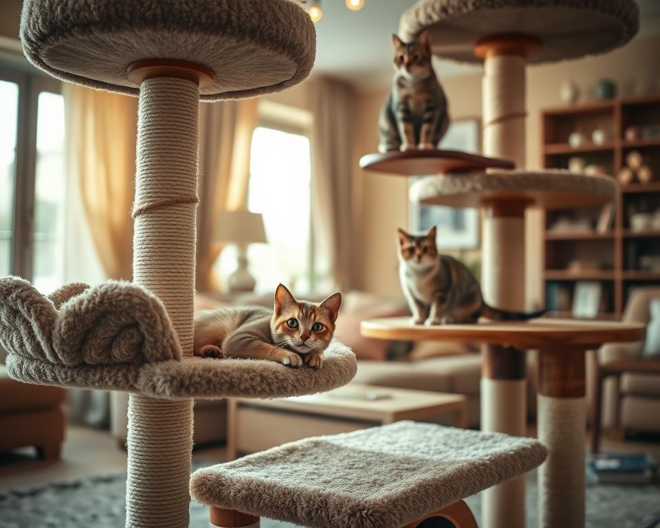 A beautifully crafted British-made cat tree, showcasing exceptional craftsmanship. In the foreground, the cat tree features multiple tiers adorned with soft, plush fabric in earthy tones, offering cozy resting spots for cats. Intricate wooden accents highlight the quality of British design, with scratching posts wrapped in natural sisal rope. In the middle ground, a playful cat lounges lazily while another is perched atop a platform, gazing curiously. The background consists of a warmly lit living room, with soft light streaming through a window, creating a cozy and inviting atmosphere. The scene captures the essence of British elegance and functionality in pet furniture, inviting an atmosphere of comfort and quality. Use a shallow depth of field to emphasize the cat tree and its details, ensuring the overall mood is tranquil and homely. A beautifully crafted British-made cat tree, showcasing exceptional craftsmanship. In the foreground, the cat tree features multiple tiers adorned with soft, plush fabric in earthy tones, offering cozy resting spots for cats. Intricate wooden accents highlight the quality of British design, with scratching posts wrapped in natural sisal rope. In the middle ground, a playful cat lounges lazily while another is perched atop a platform, gazing curiously. The background consists of a warmly lit living room, with soft light streaming through a window, creating a cozy and inviting atmosphere. The scene captures the essence of British elegance and functionality in pet furniture, inviting an atmosphere of comfort and quality. Use a shallow depth of field to emphasize the cat tree and its details, ensuring the overall mood is tranquil and homely.