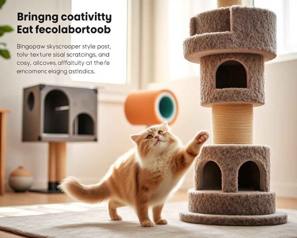A beautifully designed cat scratching post setup featuring two specialist options: the Bingopaw skyscraper-style post with multiple levels, textured sisal scratching surfaces, and cozy alcoves for relaxation, alongside the Milo & Misty compact scratching post with innovative materials and elegant aesthetics. In the foreground, a fluffy, playful cat interacts joyfully with the Bingopaw post, demonstrating its functionality. In the middle ground, the well-crafted Milo & Misty scratching post stands out with modern colors and design, inviting a sense of style. The background showcases a soft, natural light filtering through a nearby window, creating a warm and inviting atmosphere. The scene captures a sense of comfort and health for the animals, emphasizing well-being and playful engagement.