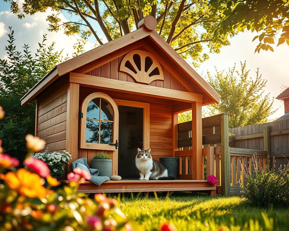 A beautifully designed outdoor cat house set in a lush garden setting in the UK, showcasing a premium wooden structure with cozy nooks and stylish architecture, perfect for feline comfort. In the foreground, a fluffy cat lounges contentedly on a sun-drenched porch of the house, surrounded by vibrant flowers and greenery. In the middle ground, the cat house is positioned near a small, decorative fence, with soft, golden sunlight filtering through the leaves of nearby trees, creating dappled shadows. The background features a bright blue sky and fluffy clouds, enhancing the cheerful atmosphere. The image is captured with a warm, inviting tone, using a shallow depth of field to emphasize the cat house while slightly blurring the surrounding elements. A beautifully designed outdoor cat house set in a lush garden setting in the UK, showcasing a premium wooden structure with cozy nooks and stylish architecture, perfect for feline comfort. In the foreground, a fluffy cat lounges contentedly on a sun-drenched porch of the house, surrounded by vibrant flowers and greenery. In the middle ground, the cat house is positioned near a small, decorative fence, with soft, golden sunlight filtering through the leaves of nearby trees, creating dappled shadows. The background features a bright blue sky and fluffy clouds, enhancing the cheerful atmosphere. The image is captured with a warm, inviting tone, using a shallow depth of field to emphasize the cat house while slightly blurring the surrounding elements.