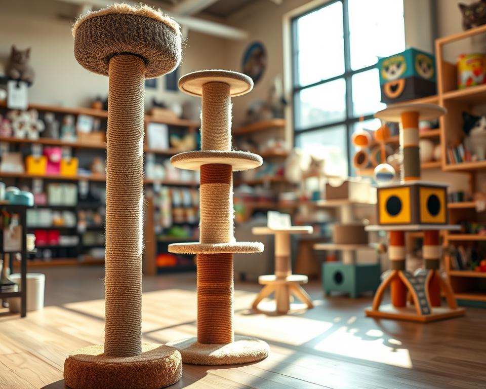 A brightly lit pet store interior showcasing an array of top-rated cat scratching posts. In the foreground, three distinct scratching posts: a tall, sisal-wrapped post with a cozy perch at the top, a multi-level design featuring natural wood and plush fabric, and a colorful, interactive cat tree with dangling toys. In the middle ground, various cat accessories and toys are neatly arranged, adding vibrancy to the setting. The background reveals shelves filled with pet supplies, softly blurred to focus on the scratching posts. The scene is warmly illuminated with natural light streaming through a large window, creating an inviting atmosphere that emphasizes comfort and playfulness for cats. The angle is slightly low to capture the height and grandeur of the scratching posts. A brightly lit pet store interior showcasing an array of top-rated cat scratching posts. In the foreground, three distinct scratching posts: a tall, sisal-wrapped post with a cozy perch at the top, a multi-level design featuring natural wood and plush fabric, and a colorful, interactive cat tree with dangling toys. In the middle ground, various cat accessories and toys are neatly arranged, adding vibrancy to the setting. The background reveals shelves filled with pet supplies, softly blurred to focus on the scratching posts. The scene is warmly illuminated with natural light streaming through a large window, creating an inviting atmosphere that emphasizes comfort and playfulness for cats. The angle is slightly low to capture the height and grandeur of the scratching posts.