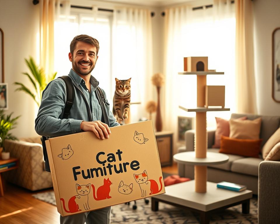 A cheerful delivery scene featuring a friendly delivery person, dressed in casual business attire, carrying a large, colorful cardboard box labeled "Cat Furniture" with playful cat illustrations. In the foreground, the delivery person smiles warmly as they approach a cozy living room adorned with a stylish scratch post and various cat furniture pieces. The middle ground showcases a playful cat curiously peeking out from behind an elegant scratch post, surrounded by soft cushions and toys. The background includes a sunlit window with sheer curtains, casting gentle, warm light across the room. The atmosphere is inviting and joyful, reflecting the excitement of delivering cat furniture to happy pet owners. The image should capture a sense of professionalism and warmth, ensuring it remains safe for work. A cheerful delivery scene featuring a friendly delivery person, dressed in casual business attire, carrying a large, colorful cardboard box labeled "Cat Furniture" with playful cat illustrations. In the foreground, the delivery person smiles warmly as they approach a cozy living room adorned with a stylish scratch post and various cat furniture pieces. The middle ground showcases a playful cat curiously peeking out from behind an elegant scratch post, surrounded by soft cushions and toys. The background includes a sunlit window with sheer curtains, casting gentle, warm light across the room. The atmosphere is inviting and joyful, reflecting the excitement of delivering cat furniture to happy pet owners. The image should capture a sense of professionalism and warmth, ensuring it remains safe for work.