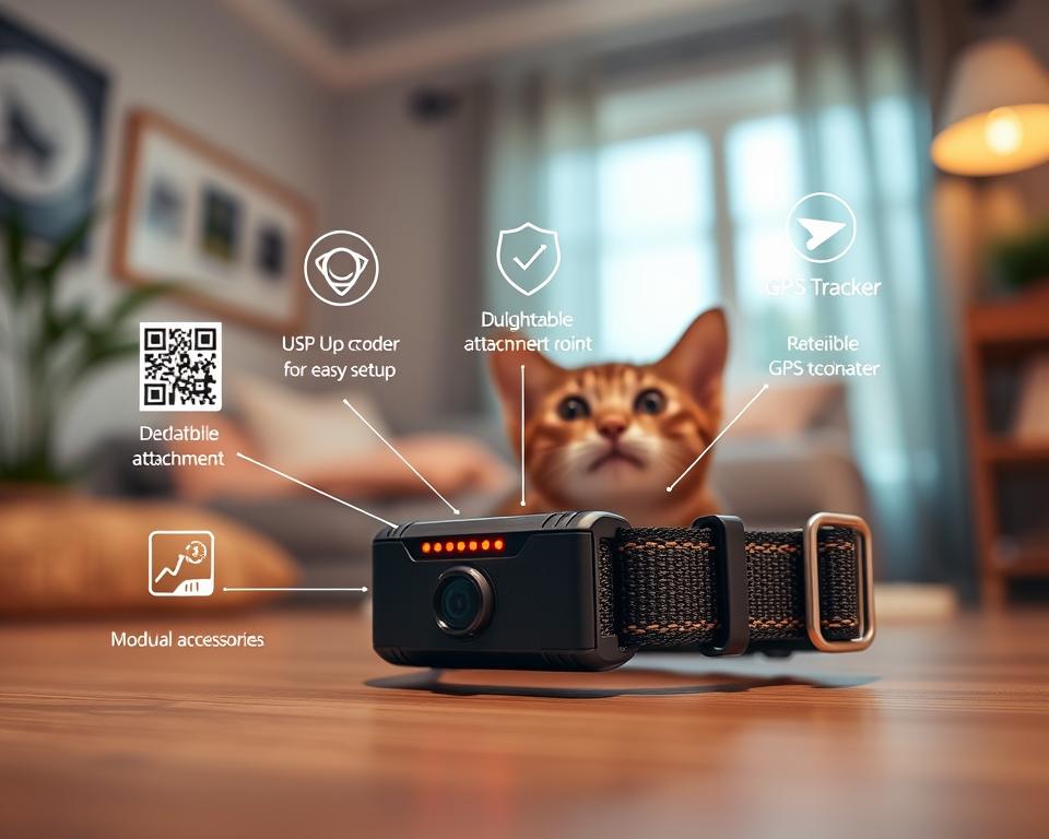 A close-up image of a high-tech cat camera collar showcasing its essential features. In the foreground, the collar is displayed prominently, featuring a small, integrated camera, adjustable straps, and bright LED indicators to denote functionality. The middle ground reveals additional elements like a QR code for easy setup, a durable attachment point for safety, and modular accessories such as a GPS tracker. The background is softly blurred, suggesting a cozy indoor space with natural light streaming through a window, emphasizing the collar's function in connecting pet owners with their cats. The mood is warm and inviting, highlighting innovation in pet care technology while ensuring the collar appears user-friendly and stylish, in a sleek design suitable for modern cats.