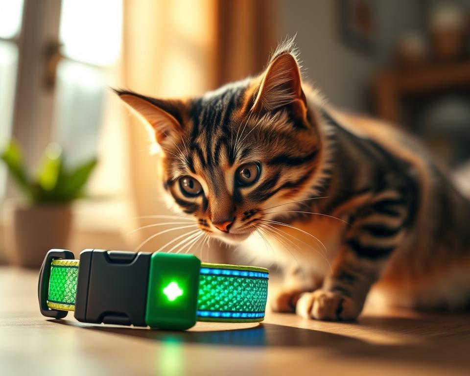 A close-up image of a vibrant, colorful flea and tick control collar designed specifically for cats, positioned prominently in the foreground. The collar features a sleek design with a mix of green and blue hues, showcasing its reflective safety elements. In the middle ground, a playful tabby cat with expressive eyes is curiously sniffing the collar, its fluffy fur complementing the collar's colors. The background indicates a cozy home environment with soft lighting filtering through a window, casting gentle shadows and creating a warm, inviting atmosphere. The overall mood feels safe and protective, emphasizing the collar's role in ensuring the cat’s well-being. Use a shallow depth of field to keep the collar and cat in sharp focus, with a soft bokeh effect in the background.