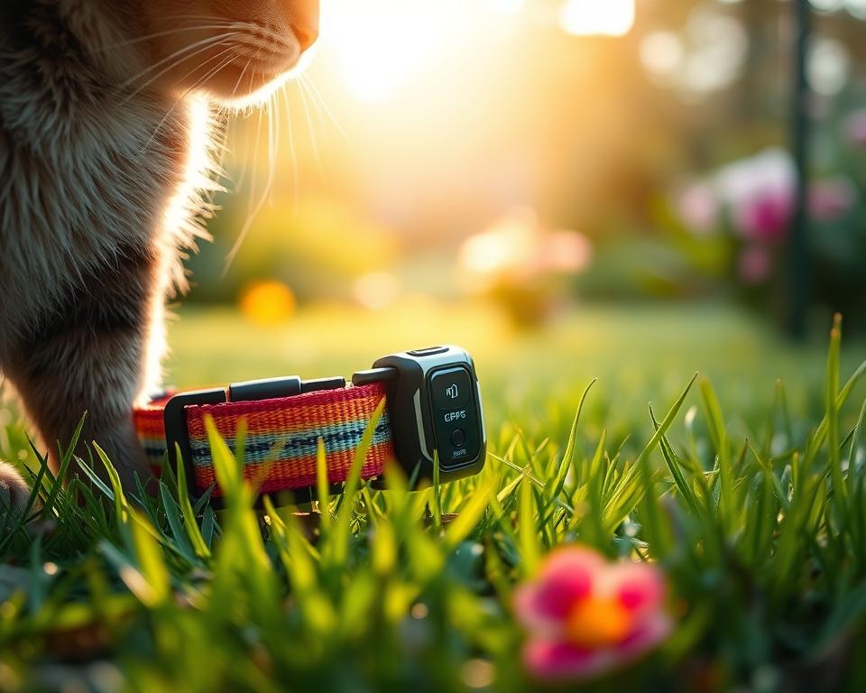 A close-up of a colorful cat collar with a GPS tracker attached, set against a soft-focus outdoor setting that suggests safety and tranquility. In the foreground, the collar is beautifully detailed, showcasing its buckle and vibrant colors. In the middle, hints of green grass and a few flowers create a natural environment, emphasizing the collar's outdoor utility. In the background, a serene garden scene bathed in warm, natural light captures an inviting atmosphere. The image should convey a sense of security and functionality, highlighting features like reflective strips or a breakaway mechanism on the collar. Use a slight depth of field effect to keep the focus on the collar while softly blurring the background, creating an engaging and informative visual representation.