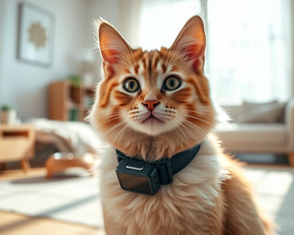 A close-up of a modern flea collar designed for cats, showcasing its sleek, high-tech features. In the foreground, focus on the collar itself, highlighting its adjustable design and integrated microchip. The collar should be placed on a fluffy, curious cat with bright, engaging eyes, capturing the collar's snug fit. In the middle ground, depict a clean, well-lit indoor setting, perhaps a cozy living room with soft natural light streaming through a window. In the background, minimalistic cat care items like a food bowl and a cozy bed can be subtly included to suggest a safe environment. The mood should be calm and reassuring, emphasizing the collar's innovative technology and effectiveness in a safe and comfortable space.