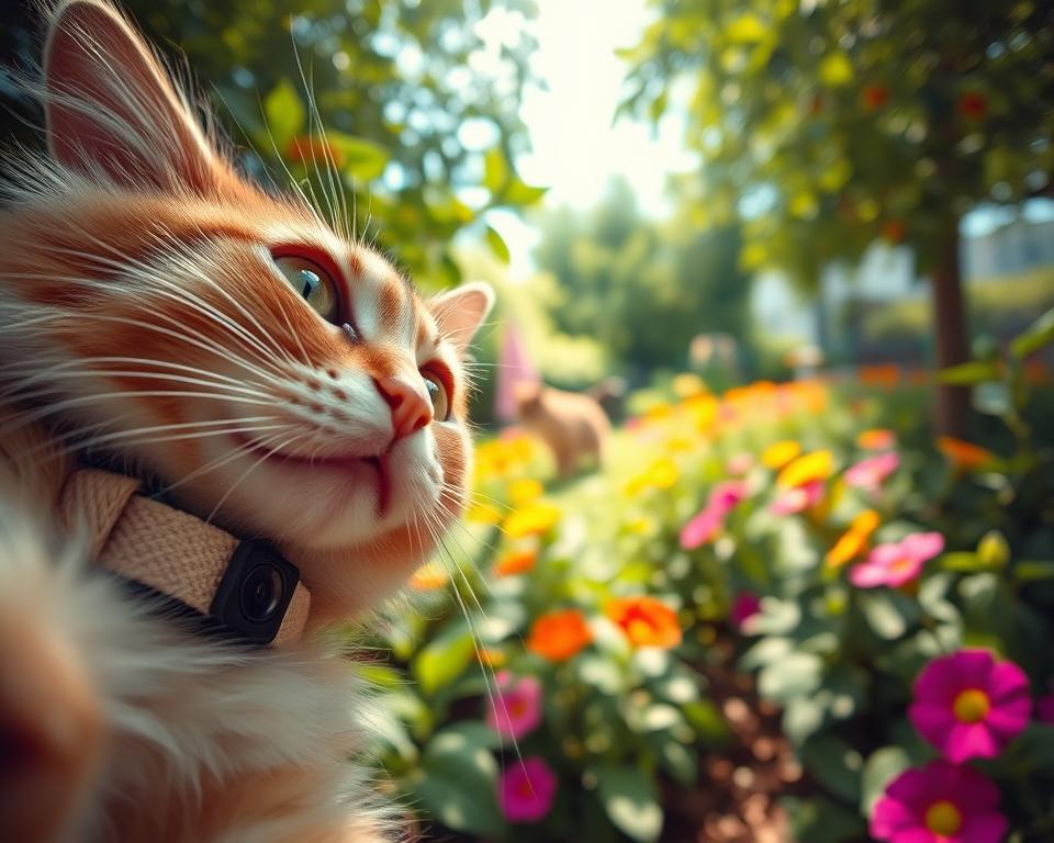 A close-up perspective of a playful cat wearing a high-tech collar with a small camera, capturing its view from the collar's lens. The foreground features the cat’s fluffy face, with bright, curious eyes, and the collar clearly visible around its neck. In the middle ground, the cat explores a lush garden filled with vibrant flowers and greenery, showcasing the cat's perspective of a dynamic environment. The background unveils a serene, sunlit garden with gentle bokeh effects, creating a soft, dreamy atmosphere. Natural sunlight filters through the leaves, casting dappled shadows, while the camera angle is slightly below the cat's eye level, accentuating its exploration. Overall, the image conveys a sense of adventure and discovery in the cat's secret world.