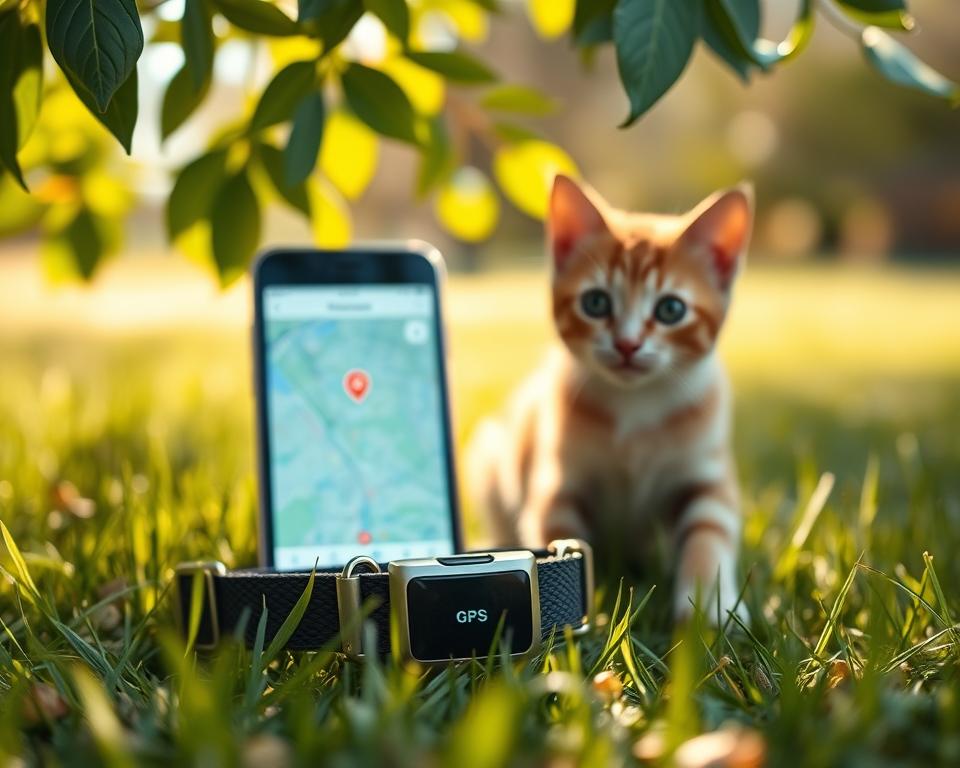 A close-up scene of a modern cat tracking collar showcasing its real-time location tracking feature. In the foreground, focus on the collar, detailed with a sleek design and a small GPS device prominently displayed. The collar should be set against a soft grassy background, evoking outdoor exploration. In the middle ground, include a smartphone screen glowing brightly, displaying a detailed map with a blinking location marker indicating the cat's position. Capture the image with natural sunlight filtering through leaves, creating a warm, friendly atmosphere. Use a shallow depth of field to emphasize the collar and phone while softly blurring the background. The overall mood should convey safety, reliability, and ease of tracking your cat in real-time.
