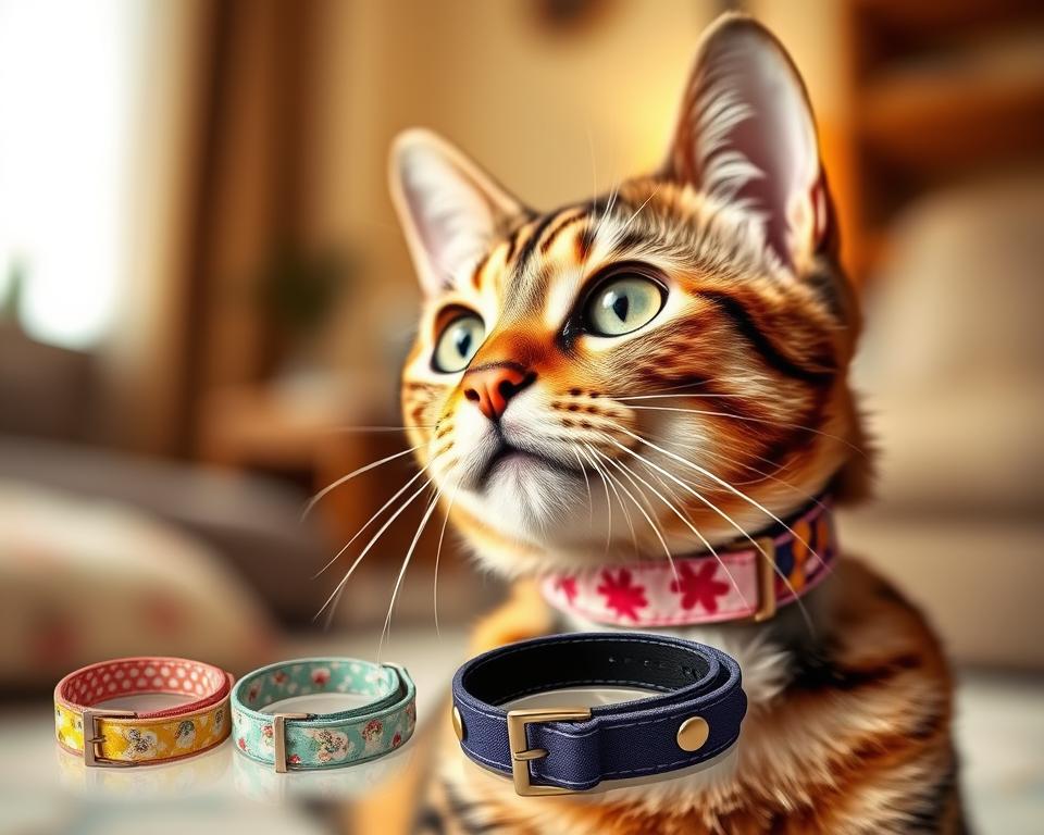 A close-up shot of a tabby cat wearing a brightly colored flea collar, showcasing various design options such as floral patterns and vibrant colors. The foreground features the cat's face, with its eyes expressing curiosity and comfort. In the middle ground, a few additional flea collar designs are elegantly displayed, highlighting their textures and materials, each collar uniquely designed for visual appeal. The background is softly blurred, suggesting a cozy home environment with warm lighting that creates a serene atmosphere. The overall mood is friendly and inviting, emphasizing safety and effectiveness while showcasing the stylish preventive care for cats.