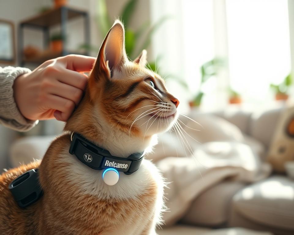 A close-up view of a cat wearing a modern flea collar, showcasing the intricate technology behind it. The foreground features the cat’s sleek fur and the collar with visible components like the release mechanism and repellent device, glistening softly in natural light. In the middle ground, a hand gently pets the cat, symbolizing care and trust, dressed in modest casual clothing. The background features a cozy home environment with potted plants and soft furniture to create a warm atmosphere. The lighting is bright yet soft, casting gentle shadows, emphasizing the cat’s inquisitive expression, reflecting safety and comfort. The overall mood is informative and reassuring, ideal for understanding modern flea collar technology.