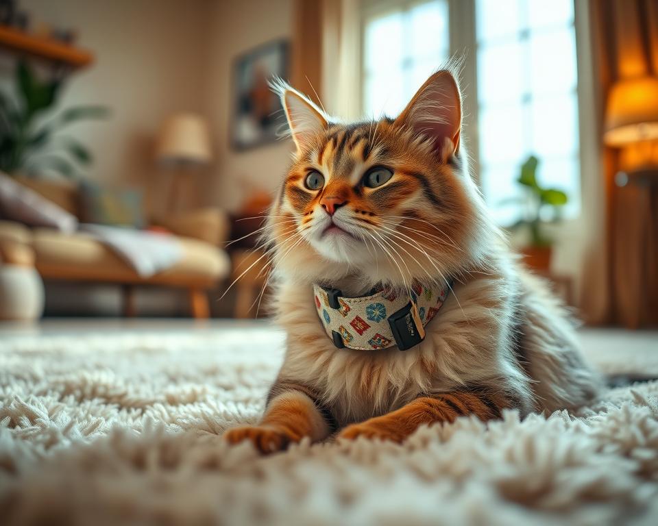 A close-up view of a fluffy, contented cat wearing a sleek, vibrant flea collar adorned with colorful patterns, sitting comfortably on a soft, plush rug. In the foreground, focus on the cat's fur and collar, emphasizing the protection it provides. The middle ground shows a cozy living room setting with natural light streaming through a window, illuminating the warm tones of the furniture and plants in the background. The atmosphere is calm and protective, symbolizing a safe environment for pets. Use a shallow depth of field to blur the background slightly, drawing attention to the cat. The lighting should be bright and inviting, enhancing the sense of comfort and security around the cat, conveying the importance of flea protection.