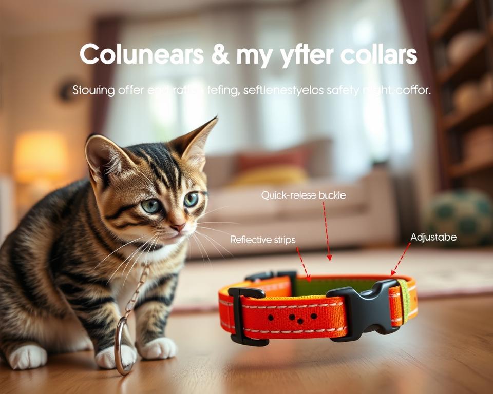 A close-up view of a modern cat safety collar, showcasing its innovative features. The collar should have a vibrant color and be made from durable, lightweight materials. Highlight essential elements such as a quick-release buckle, reflective strips for visibility, and an adjustable clasp for comfort. In the foreground, softly focused, a curious cat is examining the collar. In the middle ground, there is a detailed layout of the collar features, with arrows pointing to the safety components. The background features a warm, cozy home environment with soft, natural lighting that emphasizes the collar's design. The mood is playful yet informative, inviting the viewer to appreciate the blend of style and safety for pets.