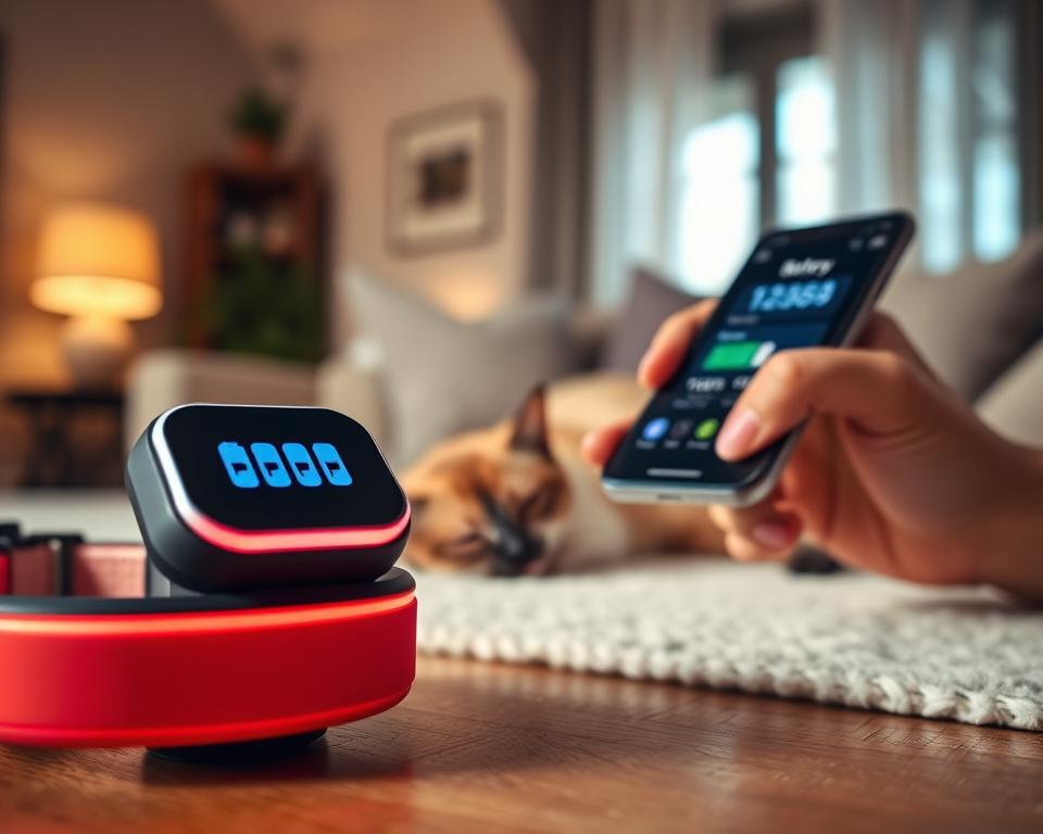 A close-up view of a modern pet monitoring device, specifically a cat tracking collar, showcasing its battery performance indicators. In the foreground, display the collar with sleek, vibrant colors and a digital battery level display clearly visible, emphasizing the functionality. In the middle ground, include a soft-focus pet owner's hand interacting with a smartphone app that shows battery life statistics, conveying the convenience of usage. The background features a cozy home environment, such as a living room with warm lighting and a cat lounging comfortably, creating a relaxing atmosphere. Use soft, natural lighting to highlight the technology and evoke trust and reliability in pet care. The angle should be slightly elevated to capture both the collar and the app in detail, revealing how they work together seamlessly.