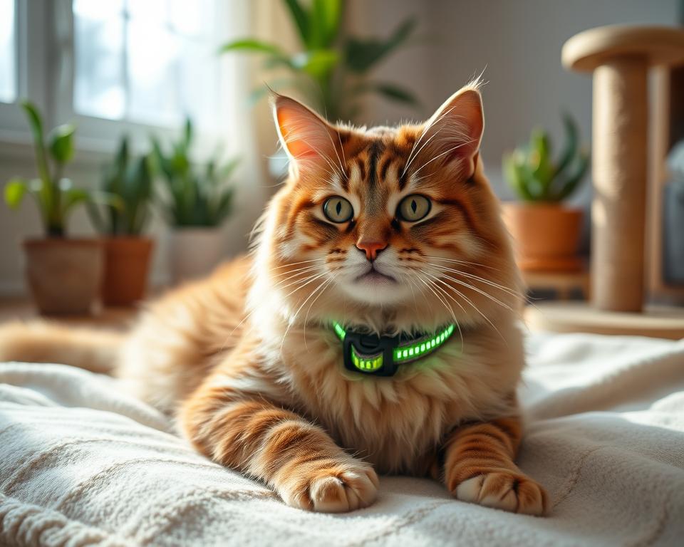 A close-up view of a relaxed, fluffy domestic cat wearing a brightly colored flea collar on a soft, cozy blanket. The cat gazes calmly at the viewer, showcasing a healthy, shiny coat. The flea collar is prominently displayed, emphasizing safety features such as reflective strips and an adjustable design. In the background, a softly lit room with potted plants and a scratching post creates a tranquil atmosphere, suggesting a safe home environment. Natural light filters through a nearby window, casting gentle shadows and highlighting the cat's features. The mood is peaceful and reassuring, conveying a message of safety and comfort for feline companions.
