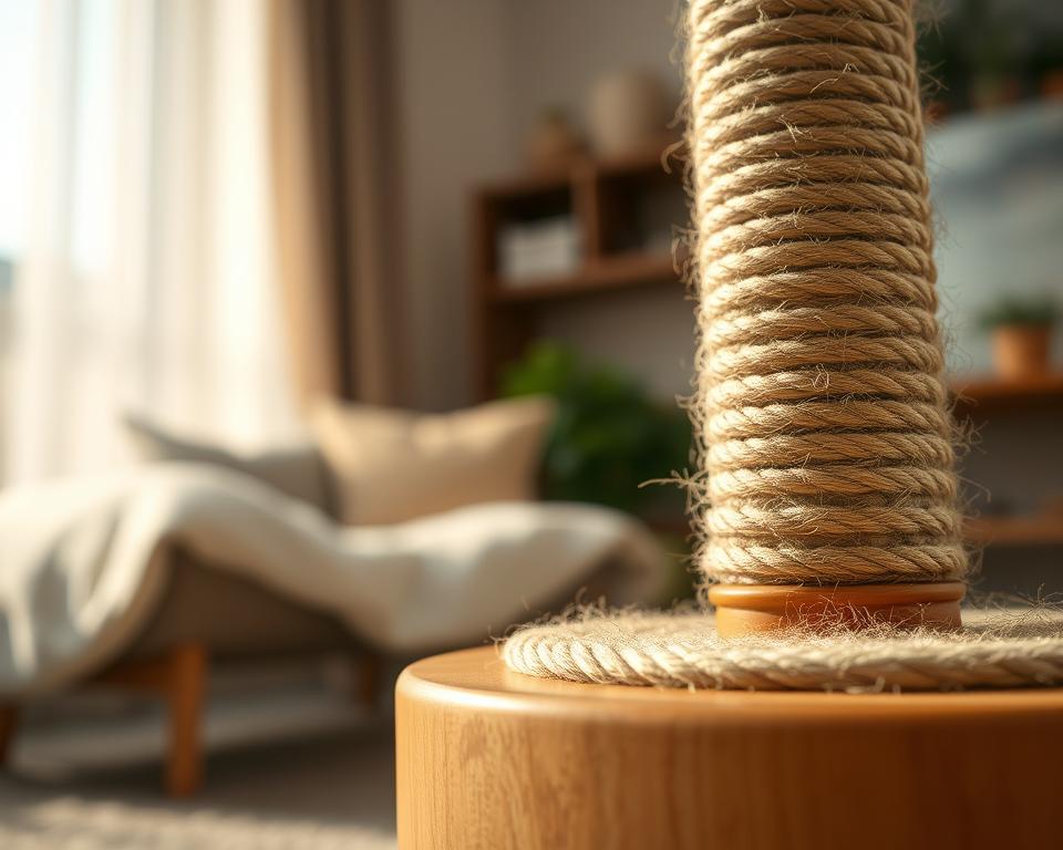 A close-up view of a sisal rope scratching post designed for cats, showcasing its textured surface and sturdy construction. The foreground features a thick, natural sisal rope wound around a solid wooden base, hinting at durability. In the middle, the scratching post stands tall, illuminated by soft, warm lighting that accentuates the fibers of the rope. Behind it, a cozy home environment is subtly suggested with blurred furniture, like a cat bed or a plant, creating a sense of a lived-in space. The atmosphere is inviting and relaxed, with natural lighting filtering in, enhancing the warmth and comfort of the scene. The angle is slightly elevated, providing a clear, detailed view of the scratching post’s features. A close-up view of a sisal rope scratching post designed for cats, showcasing its textured surface and sturdy construction. The foreground features a thick, natural sisal rope wound around a solid wooden base, hinting at durability. In the middle, the scratching post stands tall, illuminated by soft, warm lighting that accentuates the fibers of the rope. Behind it, a cozy home environment is subtly suggested with blurred furniture, like a cat bed or a plant, creating a sense of a lived-in space. The atmosphere is inviting and relaxed, with natural lighting filtering in, enhancing the warmth and comfort of the scene. The angle is slightly elevated, providing a clear, detailed view of the scratching post’s features.