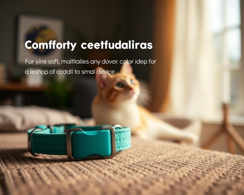 A close-up view of a stylish cat tracker collar designed with comfort in mind, featuring soft, padded materials and an adjustable strap for a perfect fit. The collar incorporates a small GPS device, blending seamlessly with the overall design. In the foreground, the collar is displayed on a textured surface, highlighting its ergonomic shape and vibrant color options. In the background, a serene indoor setting with soft, natural lighting creates a cozy atmosphere, enhancing the collar's appeal. The image captures the collar from a slightly elevated angle, allowing viewers to appreciate its features while showcasing its comfort and design. The mood is warm and inviting, emphasizing safety and style for pet owners.