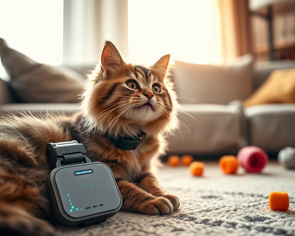 A close-up view of an advanced cat collar tracker on a fluffy tabby cat nestled in a cozy living room. The foreground features the collar, showcasing a sleek, compact tracking device with LED indicators, GPS antenna, and a durable clip. In the middle, the joyful cat is exploring its surroundings, its collar blending seamlessly with its fur, hinting at comfort and style. The background shows soft lighting emanating from a nearby window, casting warm hues across a comfortable couch and scattered toys, creating a homey atmosphere. The image captures a sense of security and ease, highlighting the importance of technology in pet care.