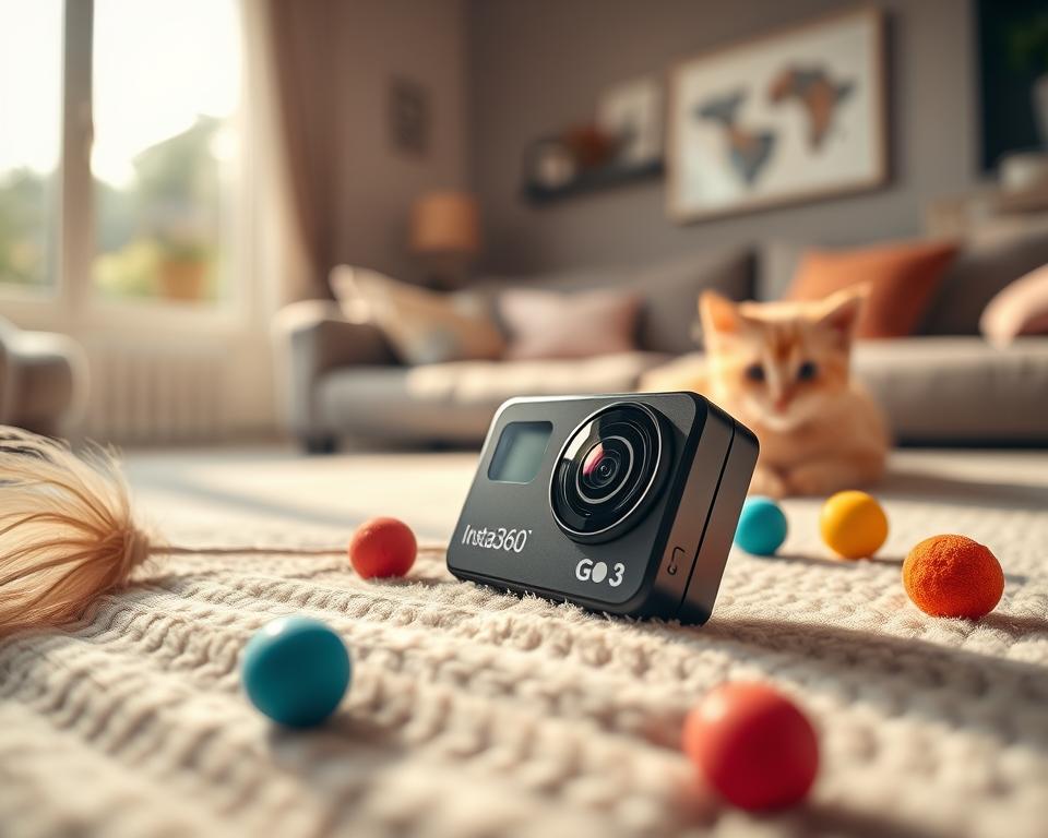 A close-up view of the Insta360 GO 3 action camera resting on a soft, textured surface like a blanket, surrounded by playful cat toys, such as a feather wand and small balls. The camera is sleek and compact, showcasing its curved design and shiny finish. In the background, a cozy living room scene is softly lit with natural sunlight filtering through a window, creating a warm and inviting atmosphere. The focus is sharp on the camera, capturing its intricate features, while the background is slightly blurred to emphasize the subject. The overall mood is playful yet professional, appealing to pet owners who prioritize connectivity and fun. No text or watermarks.