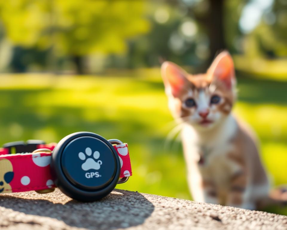 A close-up view of the Pawfit Lite GPS pet tracking device placed on a vibrant, colorful cat collar. The device is sleek and compact, showcasing its modern design with a small rounded form and a prominent GPS logo. In the foreground, the collar is adorned with playful patterns in a sunny outdoor setting. The midground features a curious cat peeking playfully, emphasizing the collar's purpose. The background is a softly blurred park scene with green grass and trees, suggesting a safe, outdoor environment for pets. Soft, natural lighting illuminates the scene, creating a warm and inviting atmosphere, with a slight bokeh effect to emphasize the device and collar in focus.