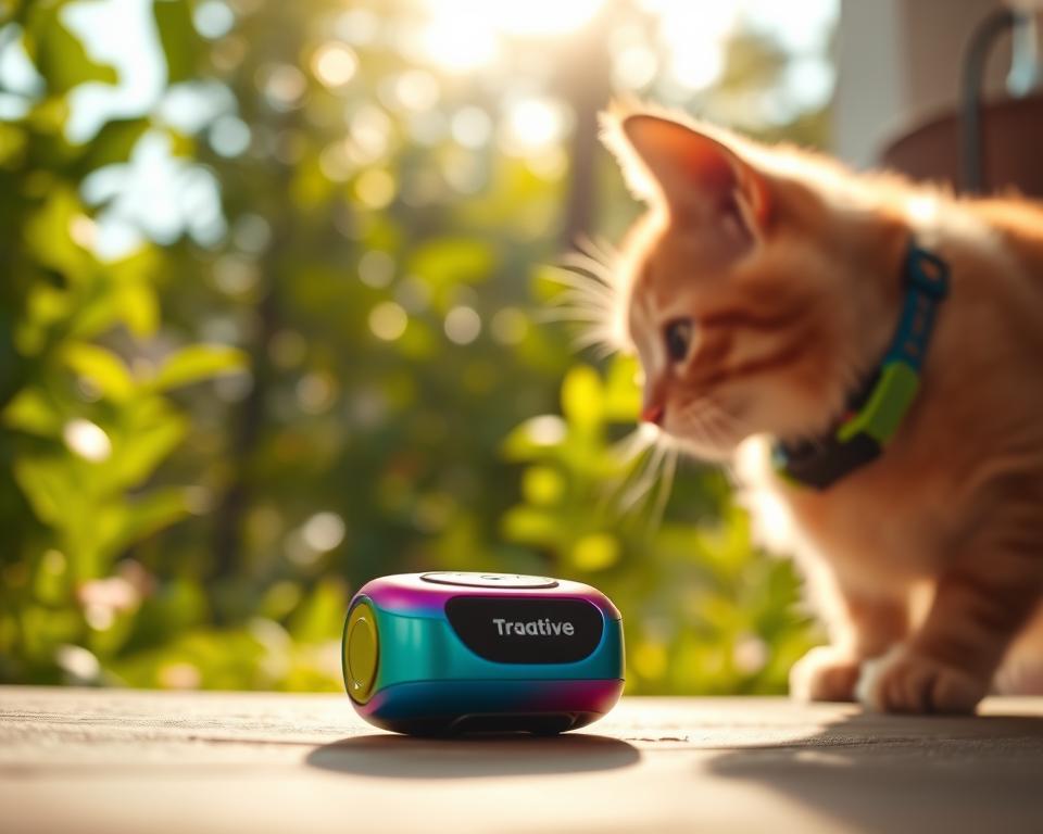 A close-up view of the Tractive CAT Mini GPS tracking device, showcasing its compact and sleek design, featuring vibrant colors and a shiny finish. The device should be prominently placed in the foreground, with a soft-focus effect on a playful and curious cat wearing the collar, bringing out the feeling of safety and exploration. In the middle ground, a lush green garden with soft sunlight filtering through the leaves creates a serene atmosphere, while in the background, blurred outlines of a cozy home evoke a sense of security. The lighting should be bright and cheerful, simulating the golden hour, enhancing the mood of adventure and comfort. The camera angle should be slightly tilted to give a dynamic perspective.