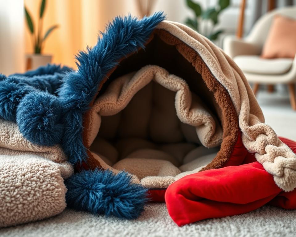 A close-up, well-composed image showcasing various luxurious materials for cat beds, arranged artfully on a soft, neutral backdrop. In the foreground, plush fabrics like faux fur, cotton, and velvet are displayed in rich colors such as deep blue, soft beige, and vibrant red, each with textured details visible under warm, ambient lighting. In the middle, a cozy cat bed cave design partially unzipped to reveal its inner material highlights features like breathable mesh and hypoallergenic padding. The background features subtle hints of homey decor elements, like a potted plant and a soft-focused chair, suggesting a comforting atmosphere. The overall mood is inviting and cozy, perfect for envisioning a cat's ultimate sleeping spot. The angle is slightly downward, offering a clear view of the materials and textures. A close-up, well-composed image showcasing various luxurious materials for cat beds, arranged artfully on a soft, neutral backdrop. In the foreground, plush fabrics like faux fur, cotton, and velvet are displayed in rich colors such as deep blue, soft beige, and vibrant red, each with textured details visible under warm, ambient lighting. In the middle, a cozy cat bed cave design partially unzipped to reveal its inner material highlights features like breathable mesh and hypoallergenic padding. The background features subtle hints of homey decor elements, like a potted plant and a soft-focused chair, suggesting a comforting atmosphere. The overall mood is inviting and cozy, perfect for envisioning a cat's ultimate sleeping spot. The angle is slightly downward, offering a clear view of the materials and textures.