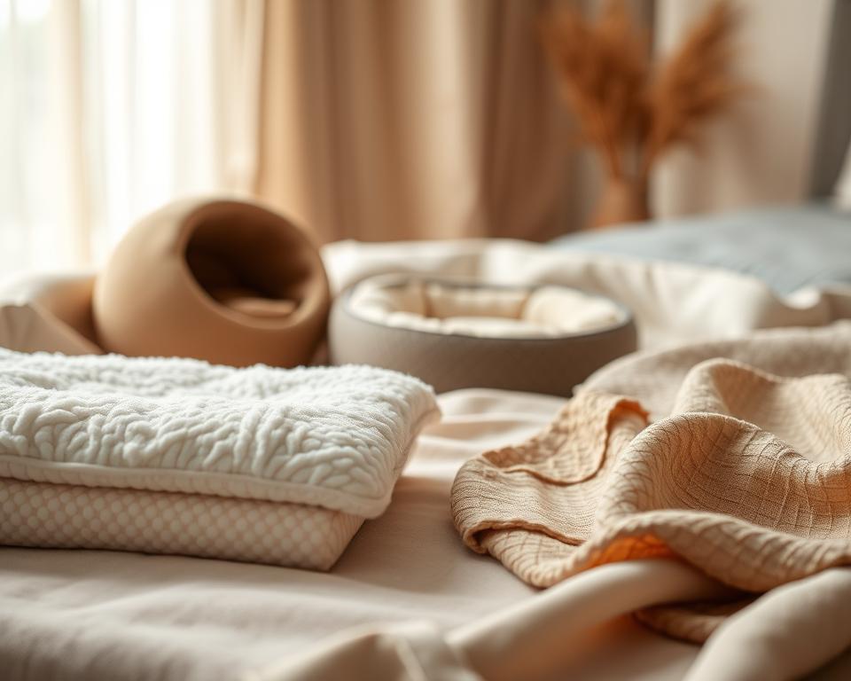 A collection of premium cat bed materials arranged artistically on a soft fabric backdrop. In the foreground, showcase luxurious textures like plush memory foam, soft fleece, and elegant woven fabric swatches. In the middle ground, include a few expertly crafted cat bed designs, emphasizing ergonomic shapes and stylish patterns. The background features a warm, inviting setting with soft, diffused natural light to create a cozy atmosphere, capturing the essence of comfort. Use a shallow depth of field to highlight the materials and designs while softly blurring the background, evoking a sense of serene sophistication. The overall mood is tranquil and inviting, perfect for illustrating premium comfort choices for cats. A collection of premium cat bed materials arranged artistically on a soft fabric backdrop. In the foreground, showcase luxurious textures like plush memory foam, soft fleece, and elegant woven fabric swatches. In the middle ground, include a few expertly crafted cat bed designs, emphasizing ergonomic shapes and stylish patterns. The background features a warm, inviting setting with soft, diffused natural light to create a cozy atmosphere, capturing the essence of comfort. Use a shallow depth of field to highlight the materials and designs while softly blurring the background, evoking a sense of serene sophistication. The overall mood is tranquil and inviting, perfect for illustrating premium comfort choices for cats.