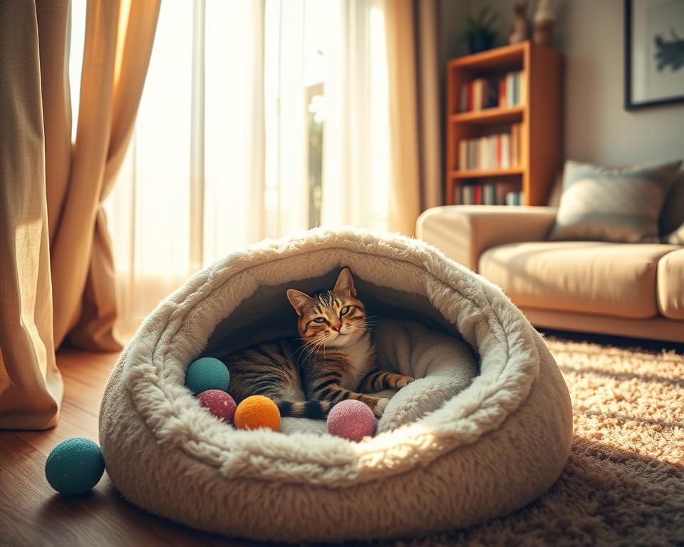 A cosy cat hideaway nestled in a sunlit corner of a warm, inviting living room. In the foreground, a plush, cave-like cat bed made of soft, fluffy materials, with a rounded entrance, surrounded by a few colorful plush toys. The middle ground features a serene tabby cat curled up peacefully inside the cave, basking in the gentle sunlight filtering through nearby sheer curtains. In the background, elements of a cozy home—soft cushions, a plush rug, and a small bookshelf filled with books—create an intimate atmosphere. The lighting is warm and soft, enhancing the tranquillity of the scene. Capture the image with a slight overhead angle to emphasize the cat's comfort and the inviting space around it. The overall mood is serene, warm, and heartwarming, celebrating the natural instincts of cats seeking secure, snug spaces. A cosy cat hideaway nestled in a sunlit corner of a warm, inviting living room. In the foreground, a plush, cave-like cat bed made of soft, fluffy materials, with a rounded entrance, surrounded by a few colorful plush toys. The middle ground features a serene tabby cat curled up peacefully inside the cave, basking in the gentle sunlight filtering through nearby sheer curtains. In the background, elements of a cozy home—soft cushions, a plush rug, and a small bookshelf filled with books—create an intimate atmosphere. The lighting is warm and soft, enhancing the tranquillity of the scene. Capture the image with a slight overhead angle to emphasize the cat's comfort and the inviting space around it. The overall mood is serene, warm, and heartwarming, celebrating the natural instincts of cats seeking secure, snug spaces.