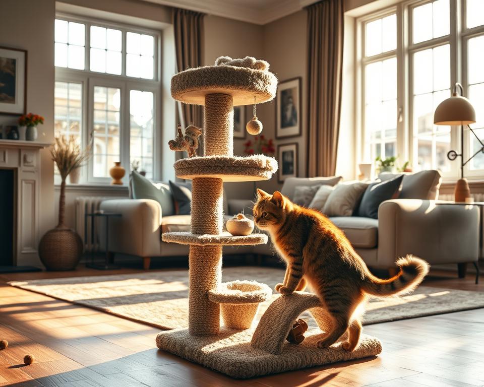 A cozy British living room showcasing a premium, handcrafted cat scratching post by ScratchyCats™. In the foreground, a beautifully designed scratching post stands tall, made from natural sisal and soft faux fur, featuring multiple levels and engaging toys. A playful British Shorthair cat is curiously exploring the post, its plush fur reflecting warm sunlight. In the middle background, a stylish, modern sofa in muted tones complements the decor, with a few scattered cat toys nearby. The walls display tasteful art, while large windows allow soft, diffused daylight to fill the room, creating a welcoming and lively atmosphere. The focus is on quality craftsmanship and the playful dynamics of a cat's interaction with its environment. A cozy British living room showcasing a premium, handcrafted cat scratching post by ScratchyCats™. In the foreground, a beautifully designed scratching post stands tall, made from natural sisal and soft faux fur, featuring multiple levels and engaging toys. A playful British Shorthair cat is curiously exploring the post, its plush fur reflecting warm sunlight. In the middle background, a stylish, modern sofa in muted tones complements the decor, with a few scattered cat toys nearby. The walls display tasteful art, while large windows allow soft, diffused daylight to fill the room, creating a welcoming and lively atmosphere. The focus is on quality craftsmanship and the playful dynamics of a cat's interaction with its environment.