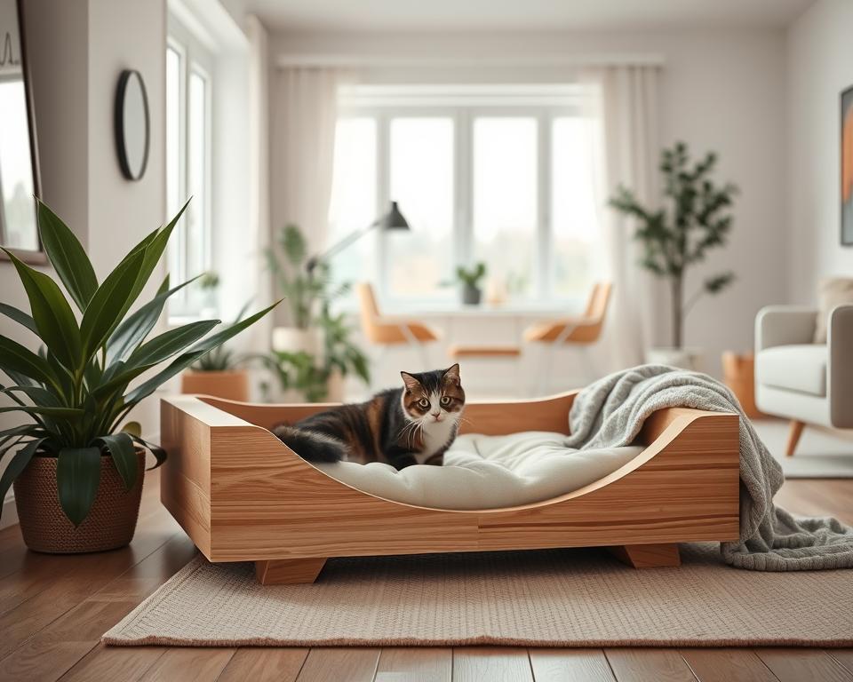 A cozy, Scandinavian-inspired cat bed design featuring a sleek, minimalist structure made of natural wood and soft, plush fabric. In the foreground, a stylish cat bed showcases clean lines and neutral colors, inviting a curious cat to explore. The middle ground includes lush indoor plants and a cozy throw blanket draped next to the bed, creating a serene atmosphere. In the background, soft, diffused lighting filters through large windows, illuminating a warm and inviting living space adorned with Scandinavian decor such as a light, airy rug and minimalist furniture. The overall mood is tranquil and harmonious, reflecting the perfect blend of comfort and style for a cat’s resting place. The scene should emphasize a modern, cozy aesthetic with no distractions or text.