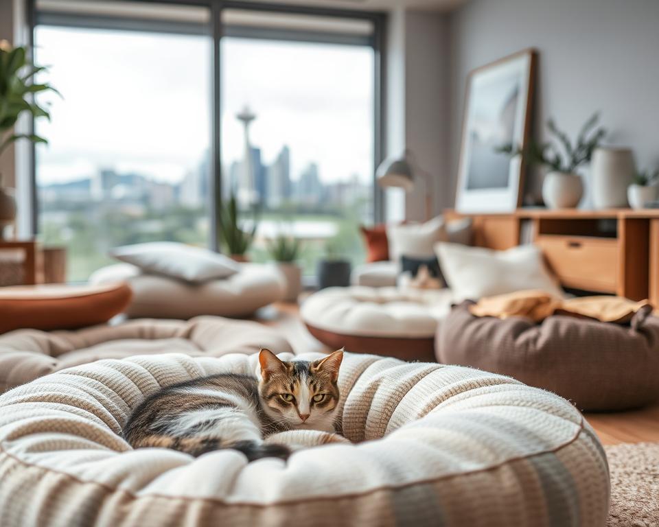 A cozy Seattle sanctuary cat bed collection, featuring various styles designed for feline comfort. In the foreground, a soft, cushioned bed made from natural materials, adorned with earthy tones and textures, inviting a cat to curl up. The middle ground showcases a small area with a few additional beds, some with raised edges and others with plush pillows, all set against a backdrop of warm, wooden furniture. Delicate potted plants and a piece of modern art evoke a tranquil atmosphere. The background reveals a Seattle skyline, slightly blurred, with gray skies and hints of greenery, creating a serene and inviting mood. Soft, diffused natural light filters in through a window, enriching the inviting ambiance. Shot with a shallow depth of field to emphasize the beds while softly blurring the background details.