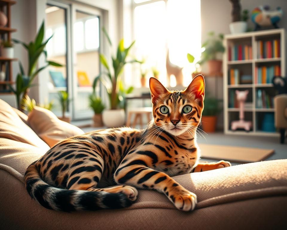 A cozy and inviting home environment featuring a Savannah cat, showcasing its playful and exotic personality. In the foreground, the cat is lounging on a stylish, plush sofa, with its striking spotted coat glistening in the soft, warm sunlight streaming through a nearby window. The middle ground reveals a vibrant indoor space adorned with potted plants and modern decor, creating a comfortable atmosphere. In the background, bookshelves filled with colorful books and cat toys are visible, adding depth to the scene. The lighting is gentle and natural, enhancing the mood of serenity and warmth, capturing the essence of a harmonious living space shared with a Savannah cat. The composition is shot from a slightly elevated angle to showcase the cat's unique features while conveying a sense of domestic bliss. A cozy and inviting home environment featuring a Savannah cat, showcasing its playful and exotic personality. In the foreground, the cat is lounging on a stylish, plush sofa, with its striking spotted coat glistening in the soft, warm sunlight streaming through a nearby window. The middle ground reveals a vibrant indoor space adorned with potted plants and modern decor, creating a comfortable atmosphere. In the background, bookshelves filled with colorful books and cat toys are visible, adding depth to the scene. The lighting is gentle and natural, enhancing the mood of serenity and warmth, capturing the essence of a harmonious living space shared with a Savannah cat. The composition is shot from a slightly elevated angle to showcase the cat's unique features while conveying a sense of domestic bliss.