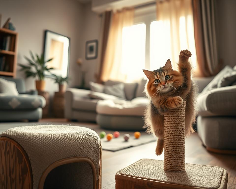 A cozy and inviting living room featuring a quality scratching post in the foreground, designed with natural materials like sisal and wood, showcasing its textured surface. A playful cat, mid-scratch, with a fluffy coat and bright eyes, is engaged with the post, illustrating the benefit of physical activity. In the middle ground, a comfortable cat bed and some colorful toys add warmth and a sense of playfulness. The background reveals a sunlit window with soft curtains, casting gentle, natural light across the scene, enhancing the relaxed atmosphere. The composition should evoke a nurturing environment for both the cat and its owner, capturing the essence of pet ownership and the importance of a quality scratching post.