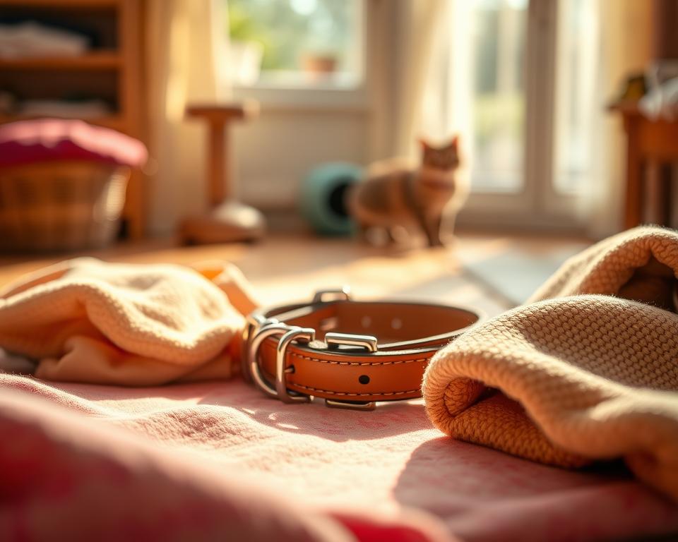 A cozy and inviting scene featuring various materials used for comfortable cat collars. In the foreground, display an array of soft, textured fabrics such as cotton, fleece, and padded leather, showcasing their vibrant colors and gentle patterns. In the middle, feature an elegantly crafted collar partially assembled, with shiny hardware that reflects light. The background is softly blurred, suggesting a warm, sunlit room with hints of pet accessories like toys or a scratching post, creating a homely atmosphere. Use warm, natural lighting to evoke a sense of comfort, captured from a slightly angled view to emphasize the details of the materials. Overall, the mood is relaxed and nurturing, ideal for highlighting comfort considerations for cats.