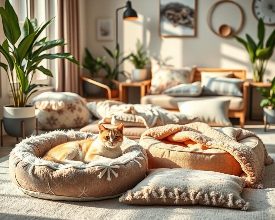 A cozy assortment of seasonal pet bedding solutions for cats is displayed prominently. In the foreground, a plush winter-themed cat bed, adorned with snowflakes and warm, soft textures, sits next to a lightweight summer bed with breathable fabrics and floral patterns. The middle ground showcases an elegant array of cat pillows and blankets, showcasing different textures for all seasons. Soft, natural lighting filters in from a nearby window, casting gentle shadows that highlight the comfort and warmth of each bed. The background features a stylish room setting with a cozy vibe, decorated with houseplants and minimalistic furniture. The atmosphere is inviting and tranquil, perfect for illustrating seasonal comfort for cats. A cozy assortment of seasonal pet bedding solutions for cats is displayed prominently. In the foreground, a plush winter-themed cat bed, adorned with snowflakes and warm, soft textures, sits next to a lightweight summer bed with breathable fabrics and floral patterns. The middle ground showcases an elegant array of cat pillows and blankets, showcasing different textures for all seasons. Soft, natural lighting filters in from a nearby window, casting gentle shadows that highlight the comfort and warmth of each bed. The background features a stylish room setting with a cozy vibe, decorated with houseplants and minimalistic furniture. The atmosphere is inviting and tranquil, perfect for illustrating seasonal comfort for cats.