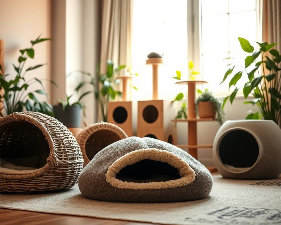 A cozy assortment of various cat dens, showcasing different styles and materials, arranged in a soft, inviting room with warm, natural light filtering through a window. In the foreground, a plush, cave-like cat bed made of fabric, surrounded by a wicker den shaped like a small house. In the middle ground, a wooden cat tree with a hideaway compartment, and a modern, minimalist cat pod made of felt. Lush green houseplants adorn the background, adding a natural touch. The overall atmosphere is warm and serene, ideal for feline comfort. Capture a slight angle to give depth, and ensure soft lighting enhances the textures of the materials, creating a relaxing scene. A cozy assortment of various cat dens, showcasing different styles and materials, arranged in a soft, inviting room with warm, natural light filtering through a window. In the foreground, a plush, cave-like cat bed made of fabric, surrounded by a wicker den shaped like a small house. In the middle ground, a wooden cat tree with a hideaway compartment, and a modern, minimalist cat pod made of felt. Lush green houseplants adorn the background, adding a natural touch. The overall atmosphere is warm and serene, ideal for feline comfort. Capture a slight angle to give depth, and ensure soft lighting enhances the textures of the materials, creating a relaxing scene.