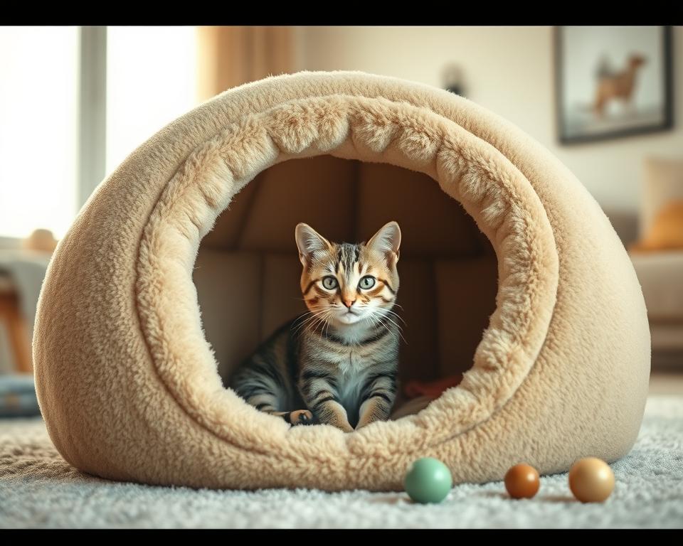 A cozy cat cave bed designed for security, prominently placed in the foreground, featuring a soft, plush interior lining in warm beige tones. The bed has a rounded, enveloping shape with a sturdy entrance, evoking a sense of safety. In the middle ground, a playful tabby cat peeks out from the cave, showcasing its serene expression as it relaxes, surrounded by scattered cat toys. The background subtly displays a homey living room scene with soft natural light filtering in through a large window, creating a warm and inviting atmosphere. Capture the image from a slightly elevated angle, enhancing the depth and warmth, while emphasizing the cat's content demeanor in this snug environment. A cozy cat cave bed designed for security, prominently placed in the foreground, featuring a soft, plush interior lining in warm beige tones. The bed has a rounded, enveloping shape with a sturdy entrance, evoking a sense of safety. In the middle ground, a playful tabby cat peeks out from the cave, showcasing its serene expression as it relaxes, surrounded by scattered cat toys. The background subtly displays a homey living room scene with soft natural light filtering in through a large window, creating a warm and inviting atmosphere. Capture the image from a slightly elevated angle, enhancing the depth and warmth, while emphasizing the cat's content demeanor in this snug environment.